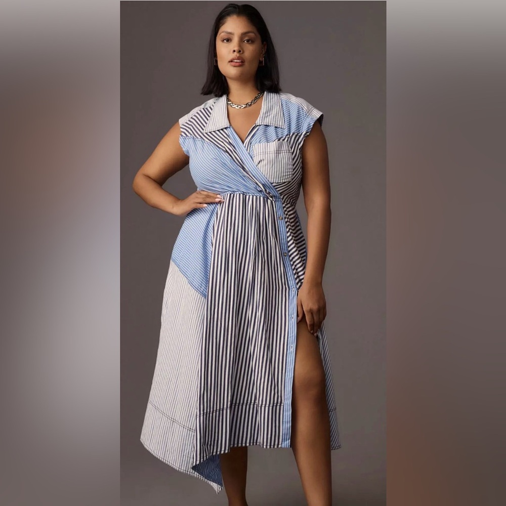 Pilcro Blue and White Striped Asymmetrical Wrap Dress